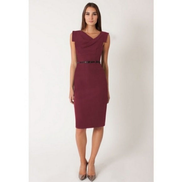 Black Halo Burgundy Jackie O Pencil Skirt Belted Sheath Dress Size M - Picture 3 of 15